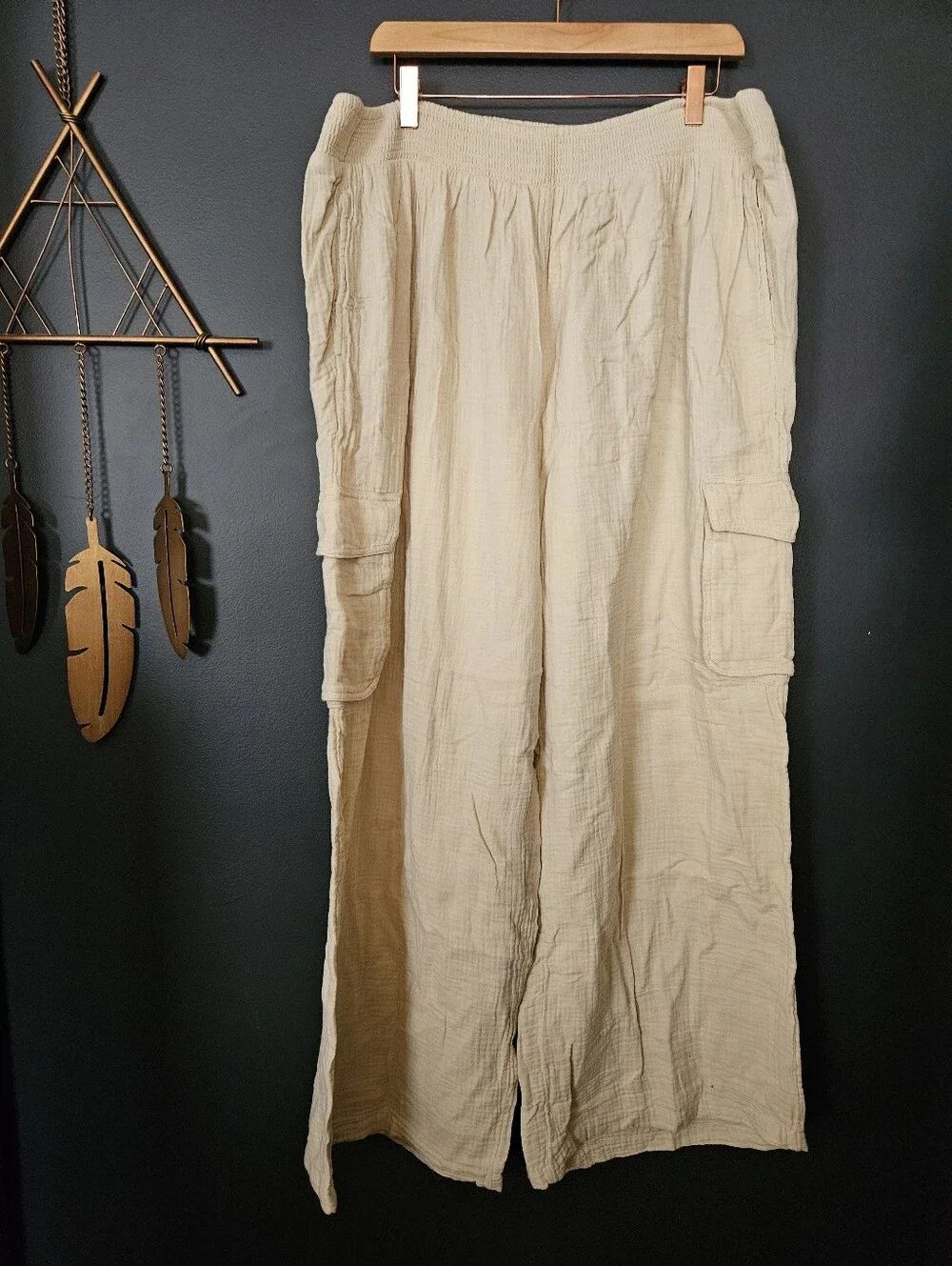 Aerie Cotton Gauze Wide Leg Cargo Pants Cream XL NWT - Picture 2 of 7